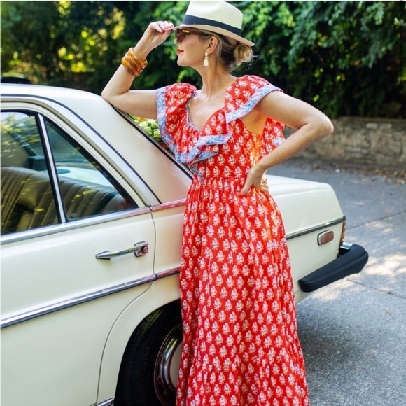 J. Crew Flutter V-neck dress in classic block print sz 00 red blue ruffle sleeve - Picture 5 of 6